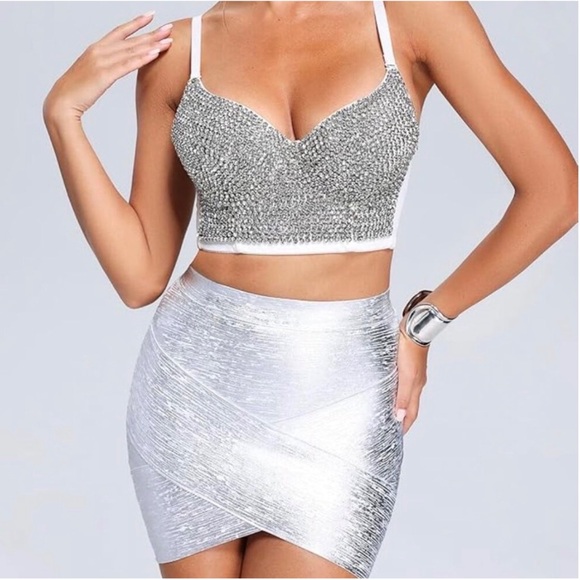 Rhinestone Pushup Bustier Sparkly Crop Top Bachelorette - Picture 2 of 10